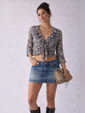 Olsen Silk Ruffle Tie-Front Blouse | Grey Floral Boho Y2K Top